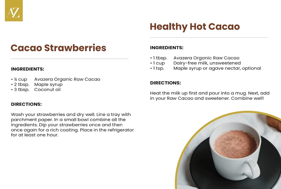 Avazera Organic Raw Cacao Powder, Made By Cold-Pressing Unroasted Cacao Beans| Antioxidants, Magnesium, Plant-Based Iron113G