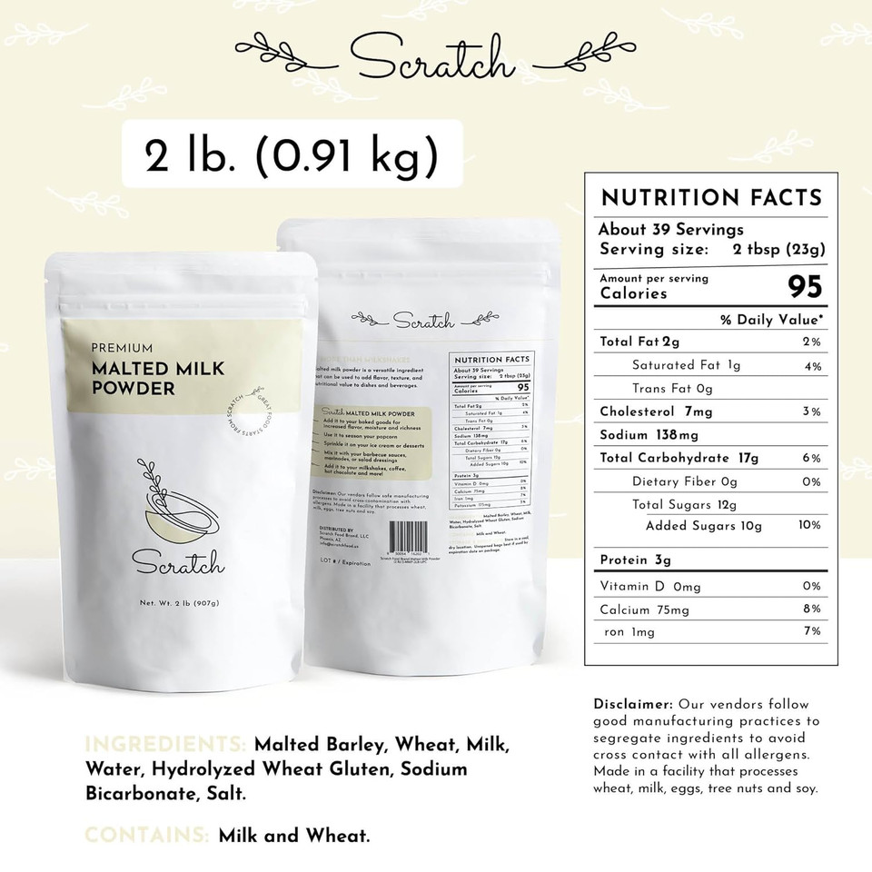 Scratch Malted Milk Powder - (2Lb) Perfect For Milkshakes & Baking, Classic Diner-Style Flavor, Resealable Pouch