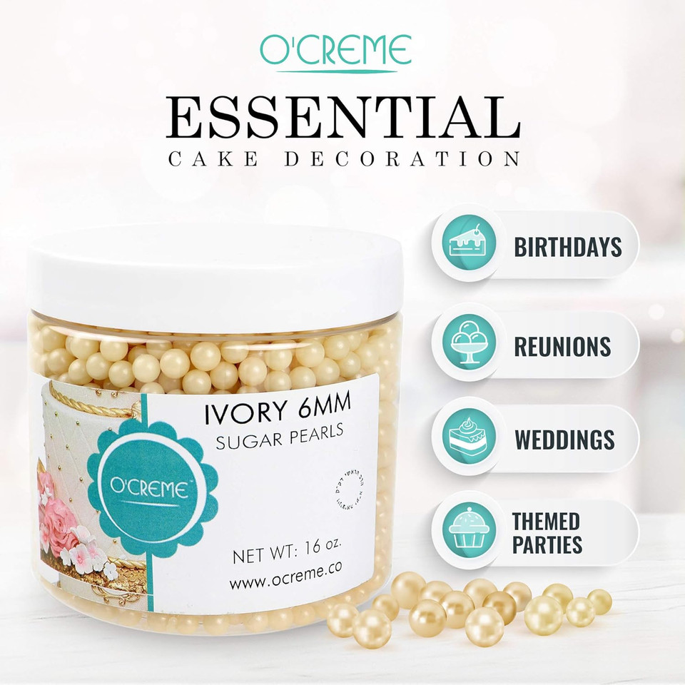 O'Creme Ivory Edible Sugar Pearls Cake Decorating Supplies For Bakers: Cookie, Cupcake & Icing Toppings, Beads Sprinkles For Baking, Certified, Candy Sugar Ball Accents (2Mm, 8 Oz)