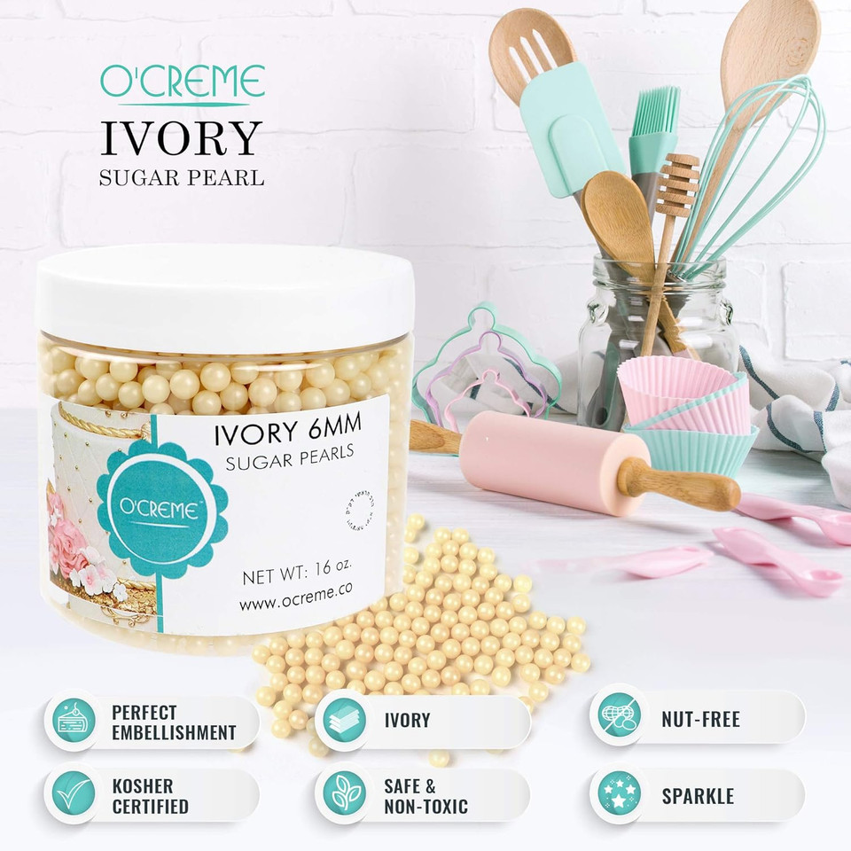 O'Creme Ivory Edible Sugar Pearls Cake Decorating Supplies For Bakers: Cookie, Cupcake & Icing Toppings, Beads Sprinkles For Baking, Certified, Candy Sugar Ball Accents (8Mm, 8 Oz)