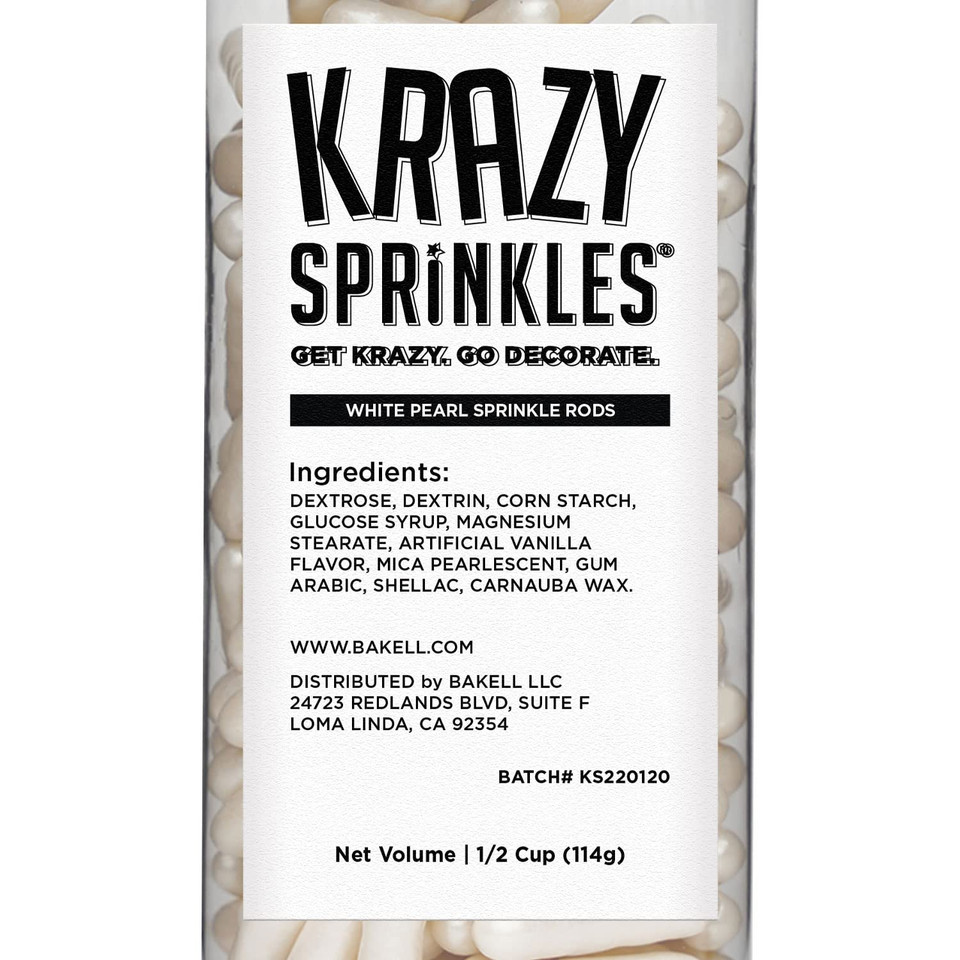 Krazy Sprinkles White Pearl Sugar Rods - (1/2 Cup 1X Jar) | Sprinkles For Baking, Ice Cream & Decorating By Bakell