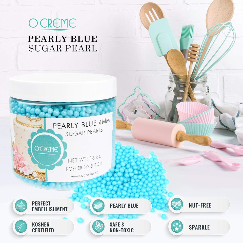 O'Creme Blue Edible Sugar Pearls Cake Decorating Supplies For Bakers: Cookie, Cupcake & Icing Toppings, Beads Sprinkles For Baking, Candy Sugar Ball Accents (4Mm, 11 Lbs)