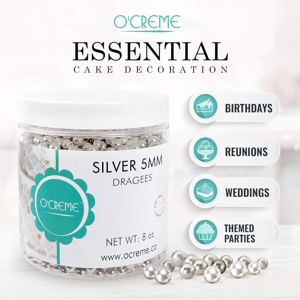 O'Creme Silver Dragees Cake Decorating Supplies For Bakers: Cookie, Cupcake & Icing Toppings, Bright Metallic Sphere Sprinkles Decoration, Certified, Decorating Sugar Ball Accents - 10Mm, 16 Oz