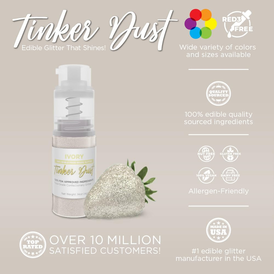 Bakell - Ivory Tinker Dust (4G, 1X Mini Spray Pump) Edible Glitter For Food, Desserts, And Beverages!