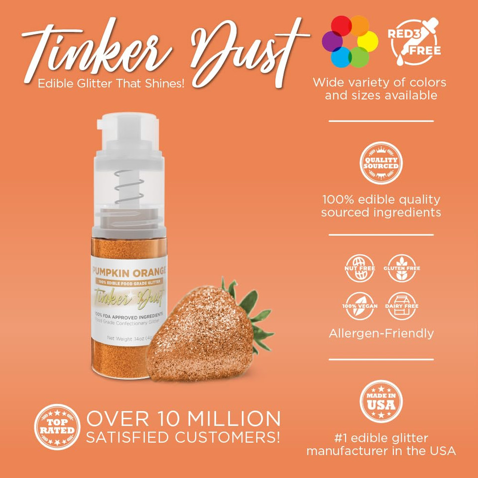Bakell - Pumpkin Orange Tinker Dust (4G, 1X Mini Spray Pump) Edible Glitter For Food, Desserts, And Beverages!