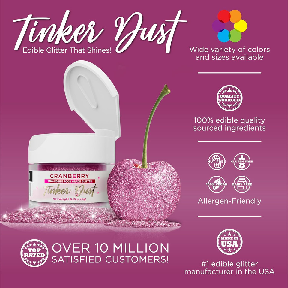 Bakell - Cranberry Tinker Dust (5G, 1X Jar) Edible Glitter For Food, Desserts, And Beverages!