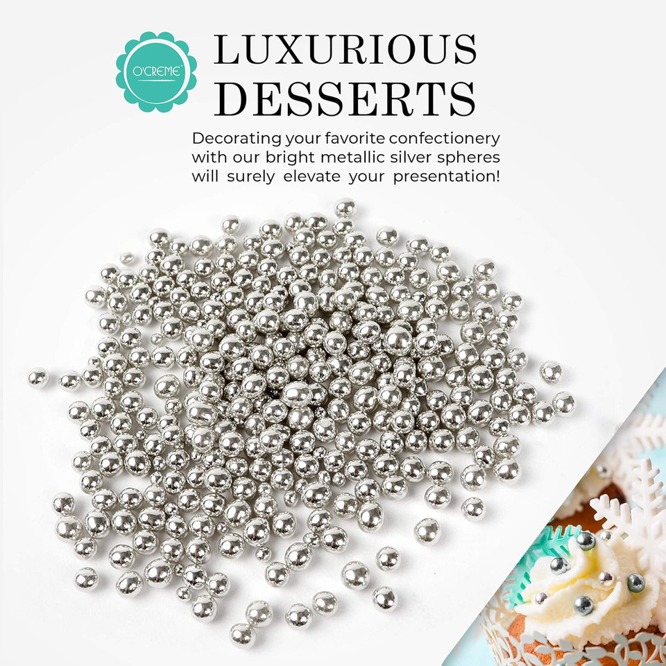 O'Creme Silver Dragees Cake Decorating Supplies For Bakers: Cookie, Cupcake & Icing Toppings, Bright Metallic Sphere Sprinkles Decoration, Certified, Decorating Sugar Ball Accents - 4Mm, 8 Oz