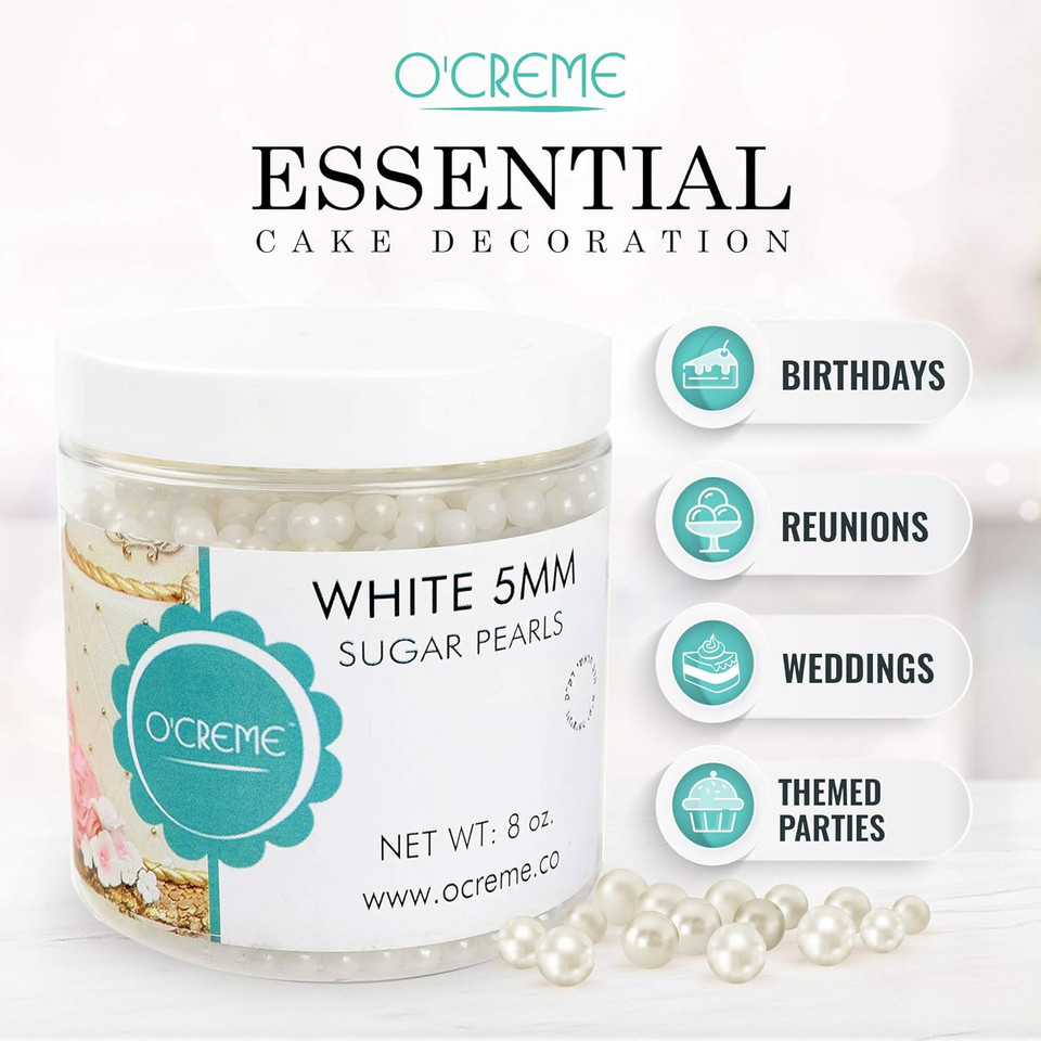 O'Creme White Edible Sugar Pearls Cake Decorating Supplies For Bakers: Cookie, Cupcake & Icing Toppings, Beads Sprinkles For Baking, Certified, Candy