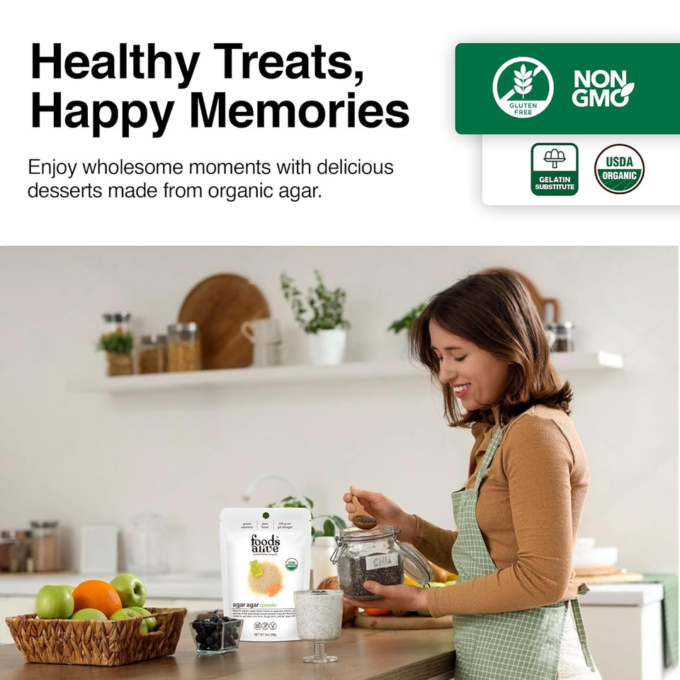 Foods Alive Organic Agar Agar Powder | 2 Oz | Plant Based Gelatin | Kosher Gelatin | Vegan | Gluten Free