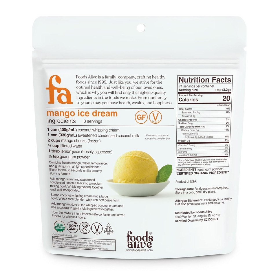 Foods Alive Organic Guar Gum Powder 8 Oz, Thickening Agent, Kosher Gelatin, Vegan, Gluten Free