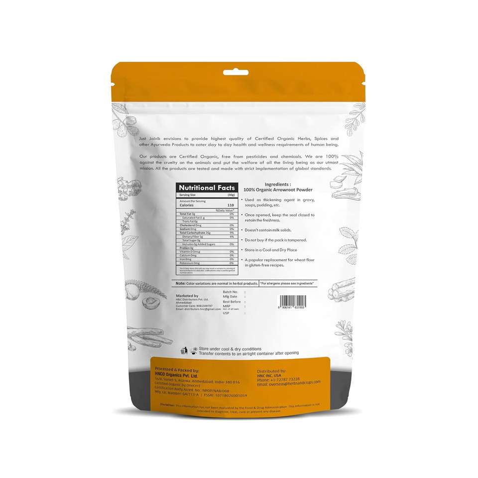 Just Jaivik Usda Certified Organic Arrowroot Powder - Gluten Free, Non Gmo, Vegan Friendly, Natural Thickening Agent For Cooking And Baking