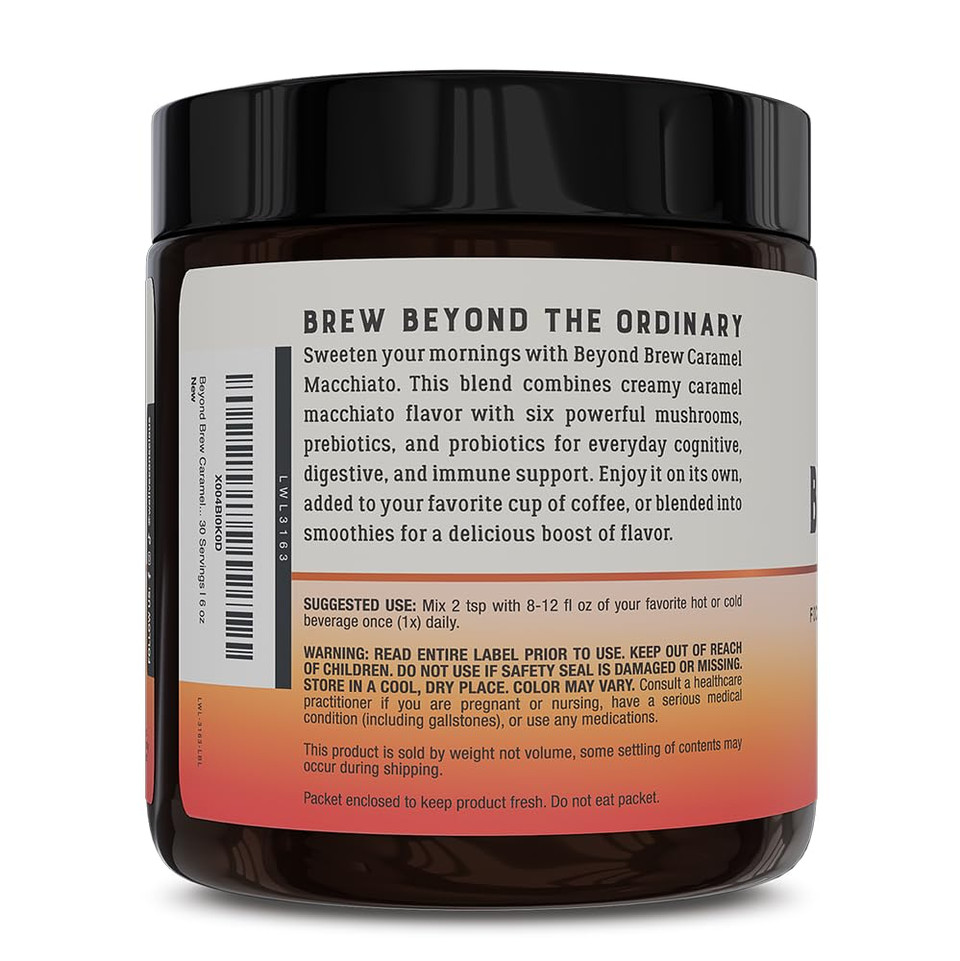Beyond Brew Caramel Macchiato Coffee Alternative - Low Caffeine Superfood - Powerful Mushroom Complex With LionS Mane, Reishi & Chaga - Brewed Drink With Prebiotics & Probiotics - 30 Servings