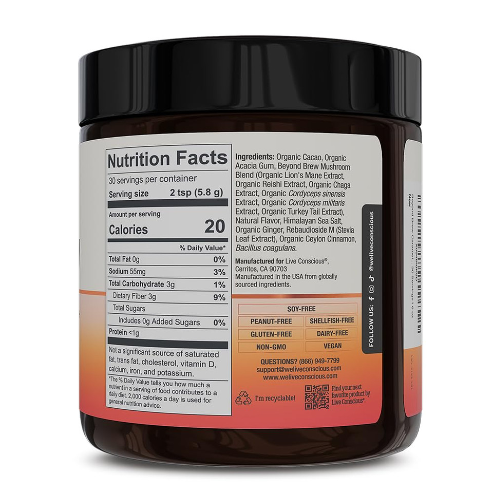 Live Conscious Beyond Brew - Coffee Alternative - Low Caffeine - Mushroom Complex W/LionS Mane, Reishi, Cordyceps & Chaga For Sustained Focus, Energy & Immunity - W/Prebiotics & Probiotics - 30