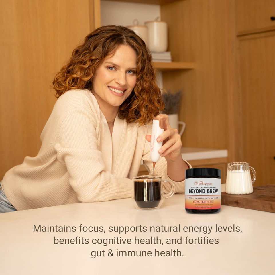 Live Conscious Beyond Brew - Coffee Alternative - Low Caffeine - Mushroom Complex W/LionS Mane, Reishi, Cordyceps & Chaga For Sustained Focus, Energy & Immunity - W/Prebiotics & Probiotics - 30