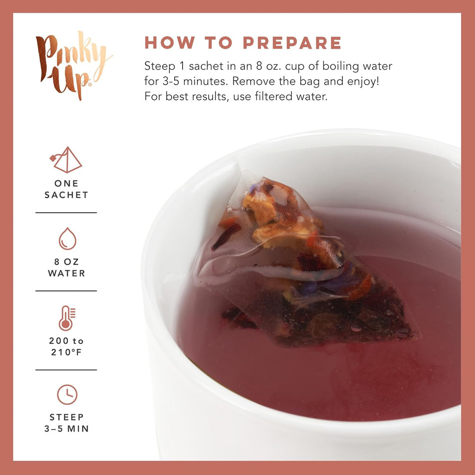 Pinky Up Amaretto Herbal Tea, Caffeine-Free Herbal Tea With Almond, Hibiscus, And Rosehips, Compostable Pyramid Sachets, Tart And Nutty Infusion, 1.6 Oz, 15 Sachets