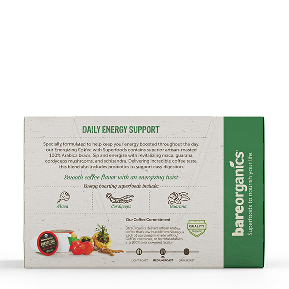 Bareorganics 13313 Cardio Care Usda Organic Coffee Pods, Compatible Organic Coffee Pods, Infused With Superfoods & Probiotics, Vegan Friendly, Gluten Free, 10 Single Serve Cups