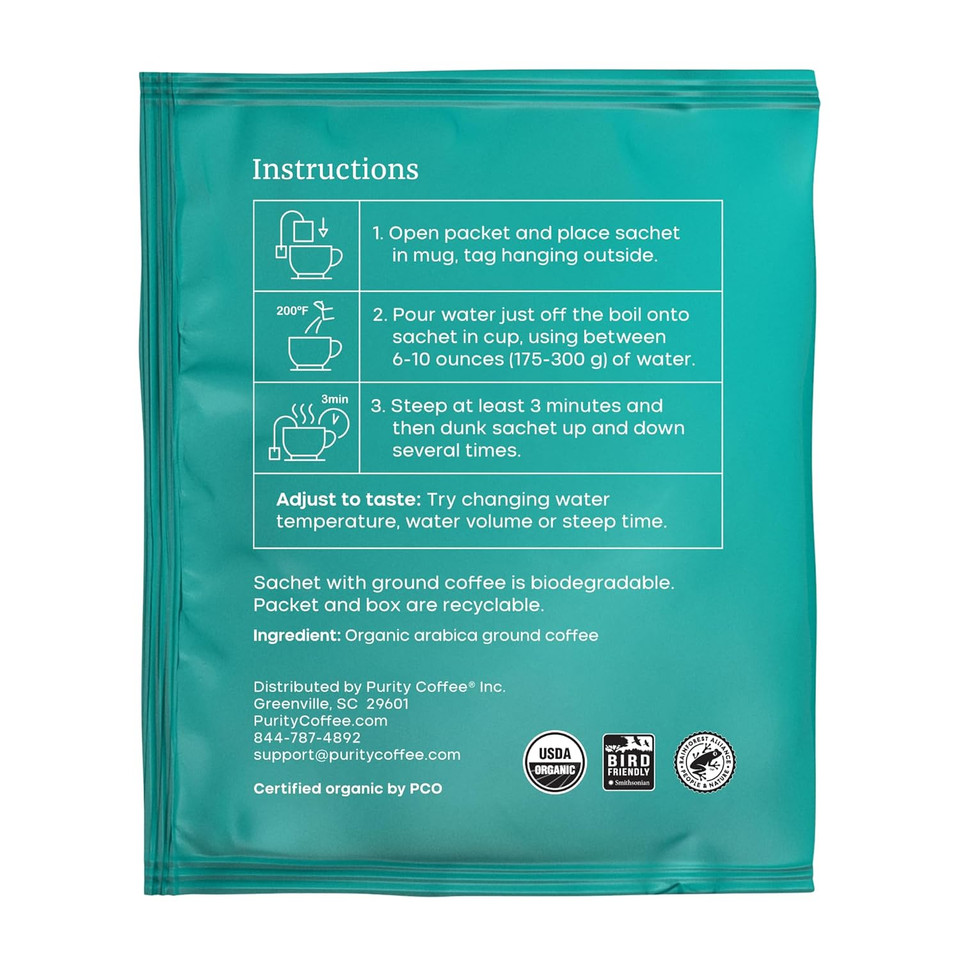 Purity Coffee Ease Dark Roast Low Acid Organic Coffee - Usda Certified Organic Specialty Grade Arabica Single-Serve Packets - Third Party Tested For Mold, Mycotoxins And Pesticides - 5 Ct Box