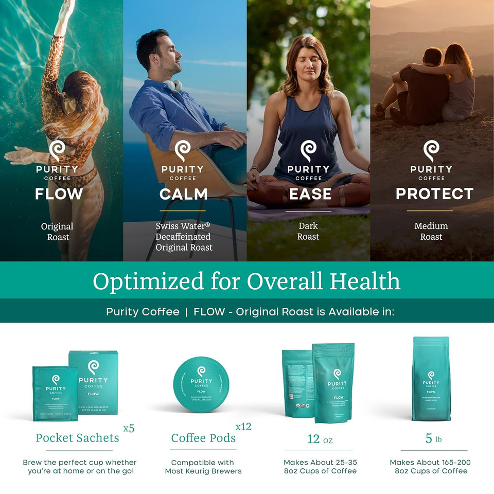 Purity Coffee Flow Medium Roast Organic Coffee - Usda Certified Organic Specialty Grade Arabica Single-Serve Packets - Third Party Tested For Mold, Mycotoxins And Pesticides - 5 Ct Box