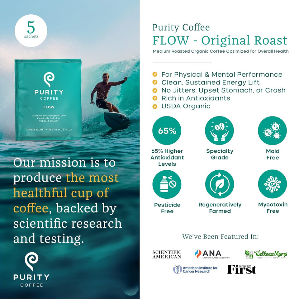 Purity Coffee Calm Decaf Medium Roast Organic Coffee - Usda Certified Organic Specialty Grade Arabica Single-Serve Packets - Third Party Tested For Mold, Mycotoxins & Pesticides - 5 Ct Box