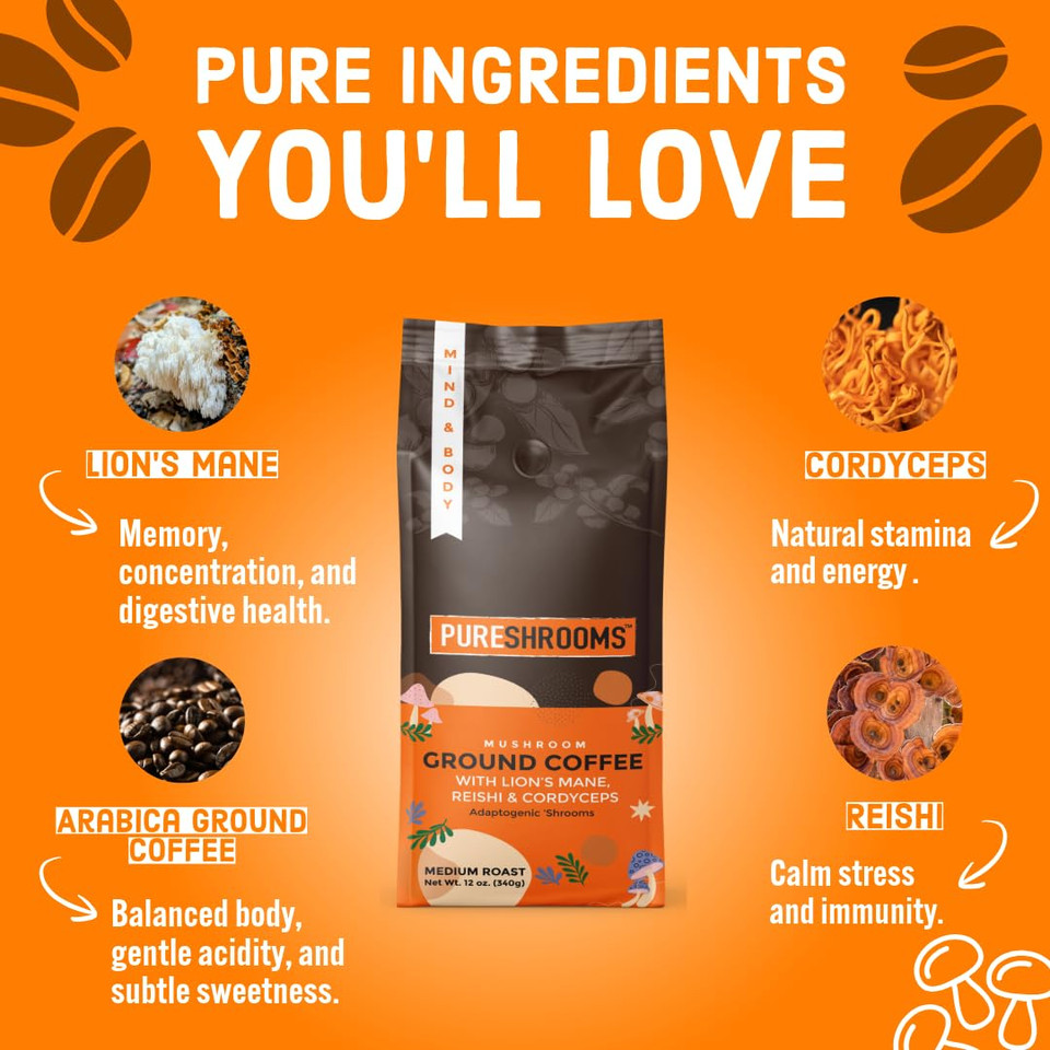 Pureshrooms Decaf Mushroom Coffee | Swiss Water, Ground, Infused With Organic LionS Mane, Reishi & Cordyceps + L-Theanine  Single Origin Guatemala 12 Oz Bag