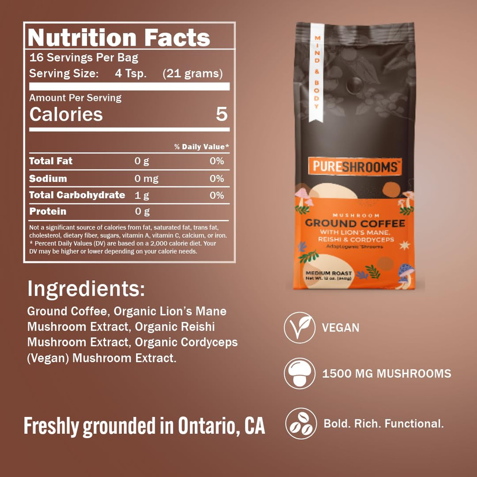 Pureshrooms Mind & Body Ground Mushroom Coffee  Focus, Energy & Mood Support  Premium Arabica With Organic LionS Mane, Reishi & Cordyceps  Low Acidity, Jitter-Free, Medium Roast  340G - Natural Coffee Alternative, Gluten-Free, Vegan