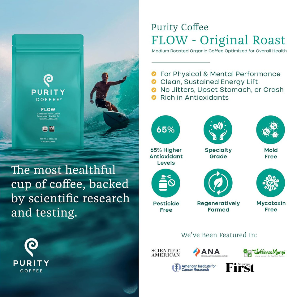 Purity Coffee Calm Decaf Ground Coffee - Natural Water Decaffeinated Coffee - Usda Organic And Third-Party Tested For Antioxidants, Mold, Mycotoxins And Pesticides - 12Oz (Purity Calm, Medium_Roast) | Ground| Calm