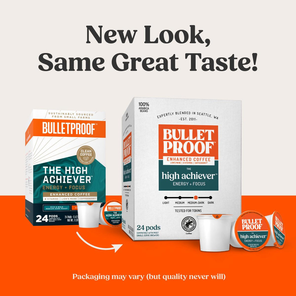 Bulletproof The High Achiever Single-Serve Pods, 24 Count, Medium-Dark Roast Enhanced Coffee With Lion'S Mane Mushroom, B Vitamins, And Adaptogens For Energy And Focus
