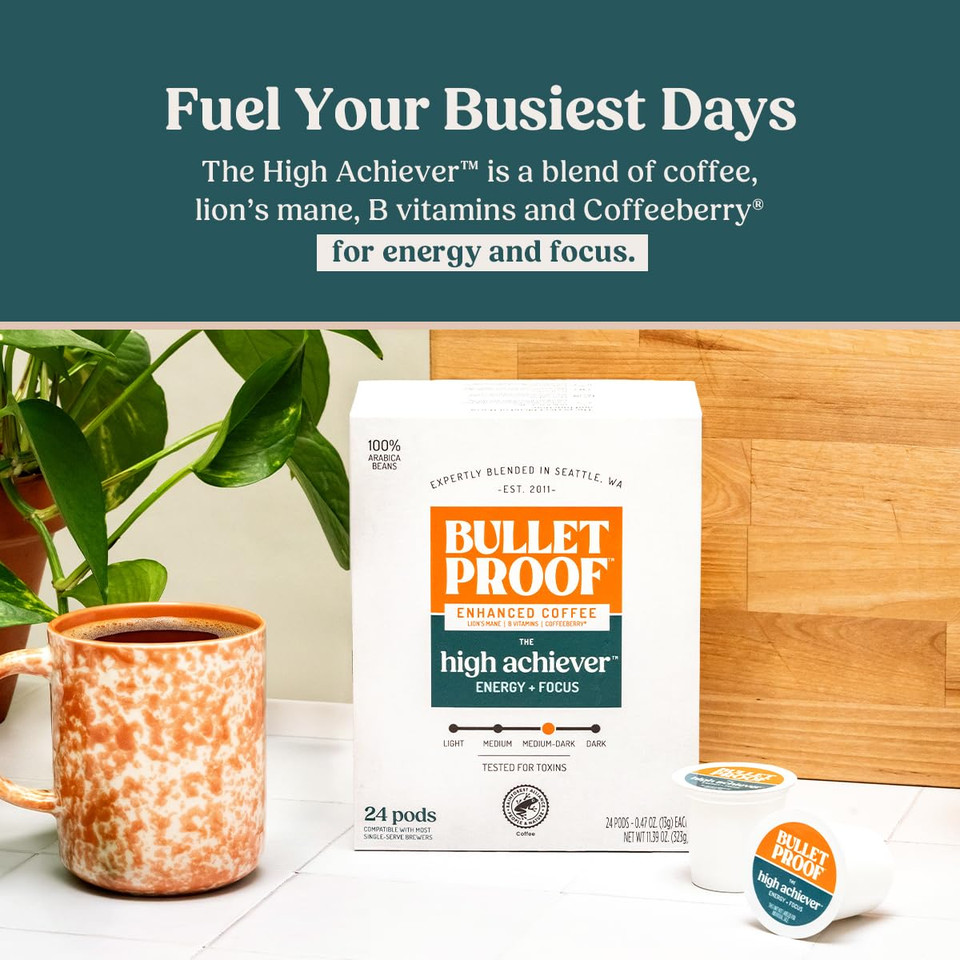 Bulletproof The High Achiever Single-Serve Pods, 24 Count, Medium-Dark Roast Enhanced Coffee With Lion'S Mane Mushroom, B Vitamins, And Adaptogens For Energy And Focus