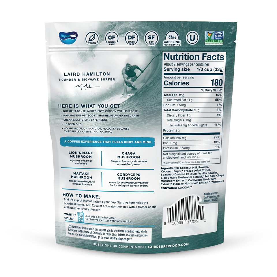 Laird Superfood Sweet And Creamy Instant Latte With Adaptogens, 5 Pk Sachets