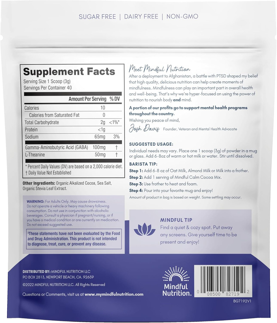 Mindful Calm Sugar Free Hot Chocolate Mix - 40 Servings - Anti-Stress Drink Mix Powder Sleepy Cocoa Nighttime Relaxation Natural Sleep Aid