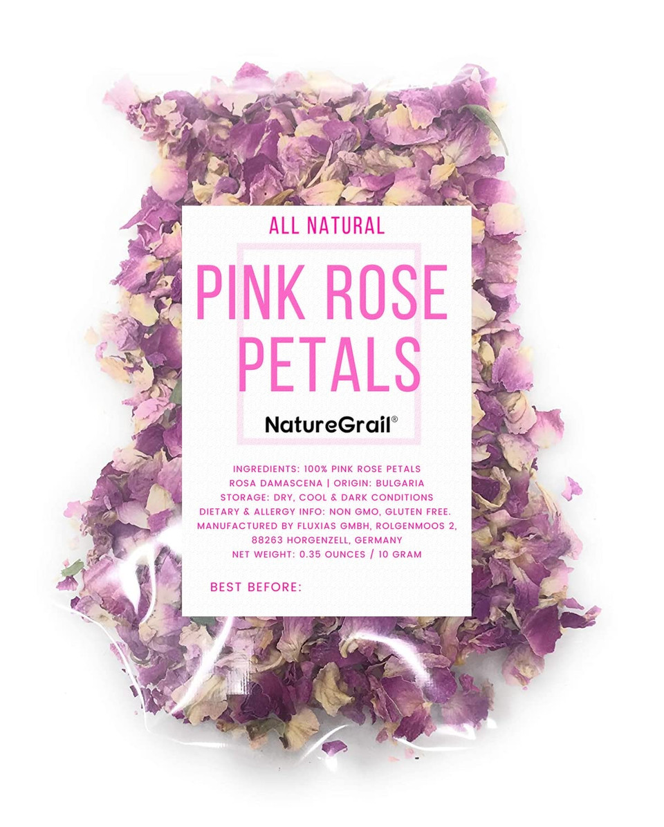 Pink Rose Petals - Pure, All Natural & Edible Pink Rose Petals - Dried Rosa Damascena Petals For Herbal Tea, Decoration, Rose Sprinkles, Topping On Cupcakes, Desserts - Net Weight: 0.35Oz/10G