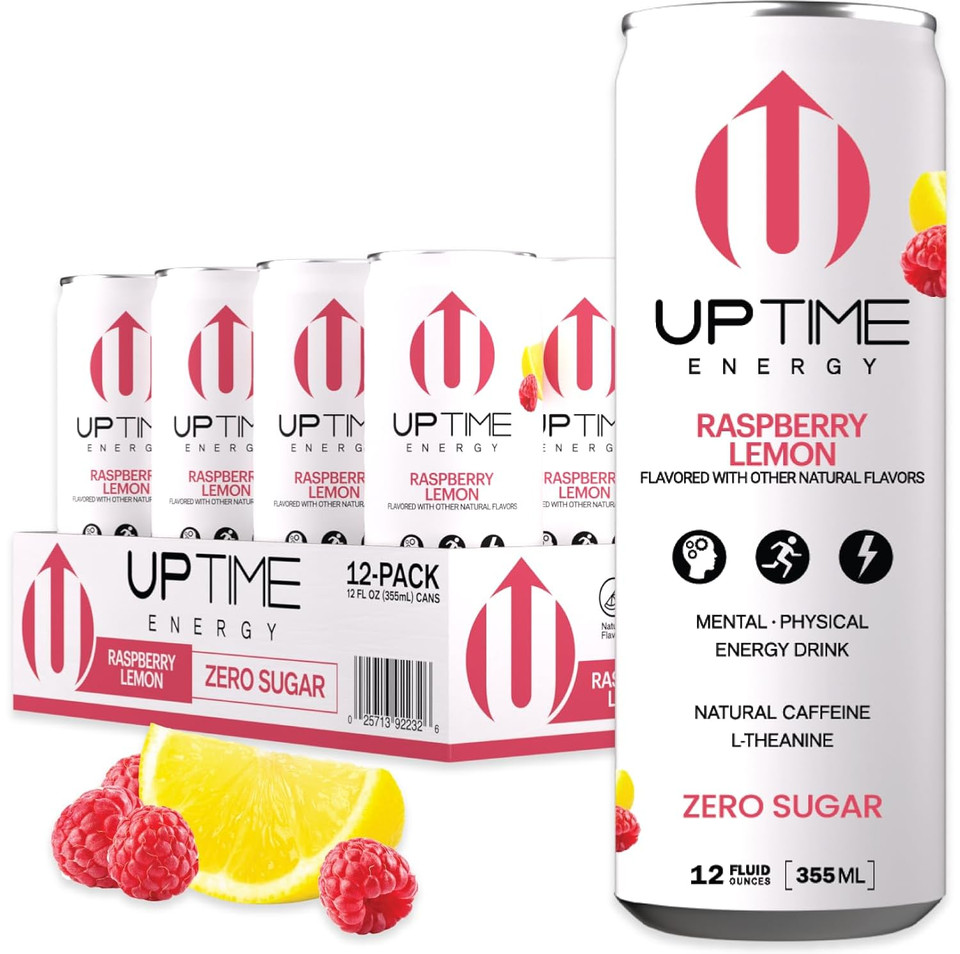 Uptime Energy Drink, Raspberry Lemon Sparkling, 12 Pack, Vitamin C, L Theanine, Calcium, Sugar Free Energy Drinks For Focus Support, 142Mg Of Natural Caffeine, 5 Calories, Natural, 12 Fl Oz Cans