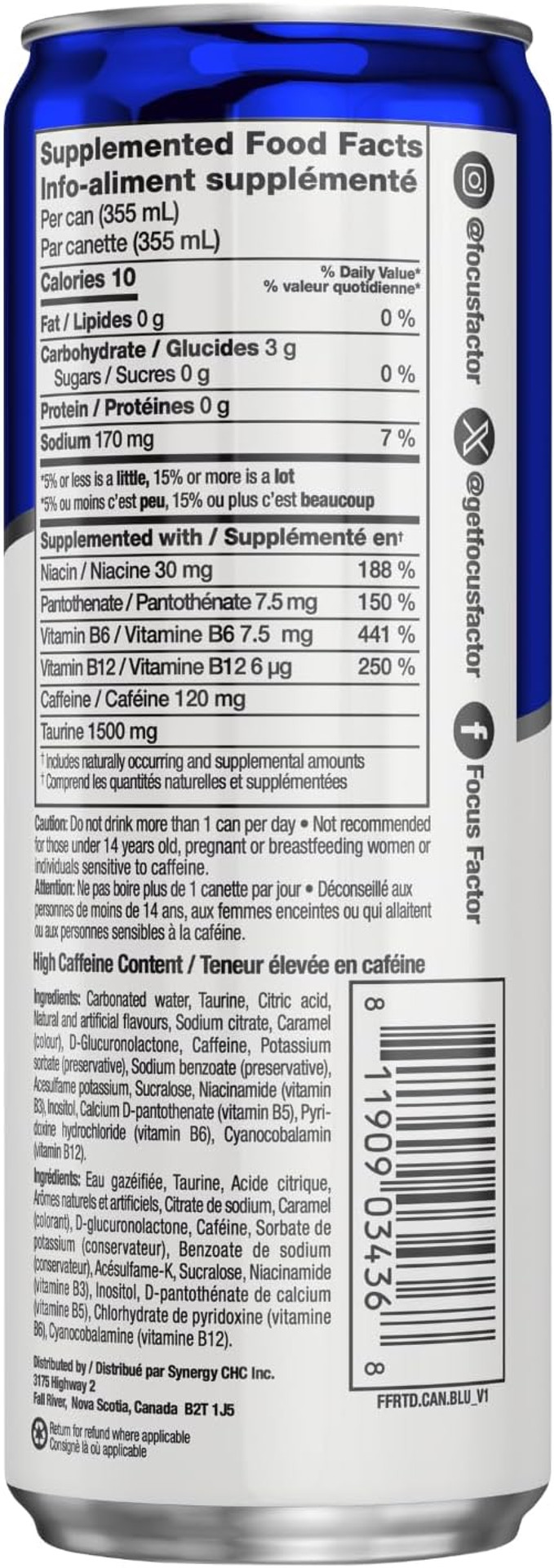 Focus Factor Energy Drink - 12 X 355Ml Cans (Original Flavour) - With Focus + Energy - Lightly Carbonated, Sugar Free, Low Calorie With Vitamin B6 & Vitamin B12