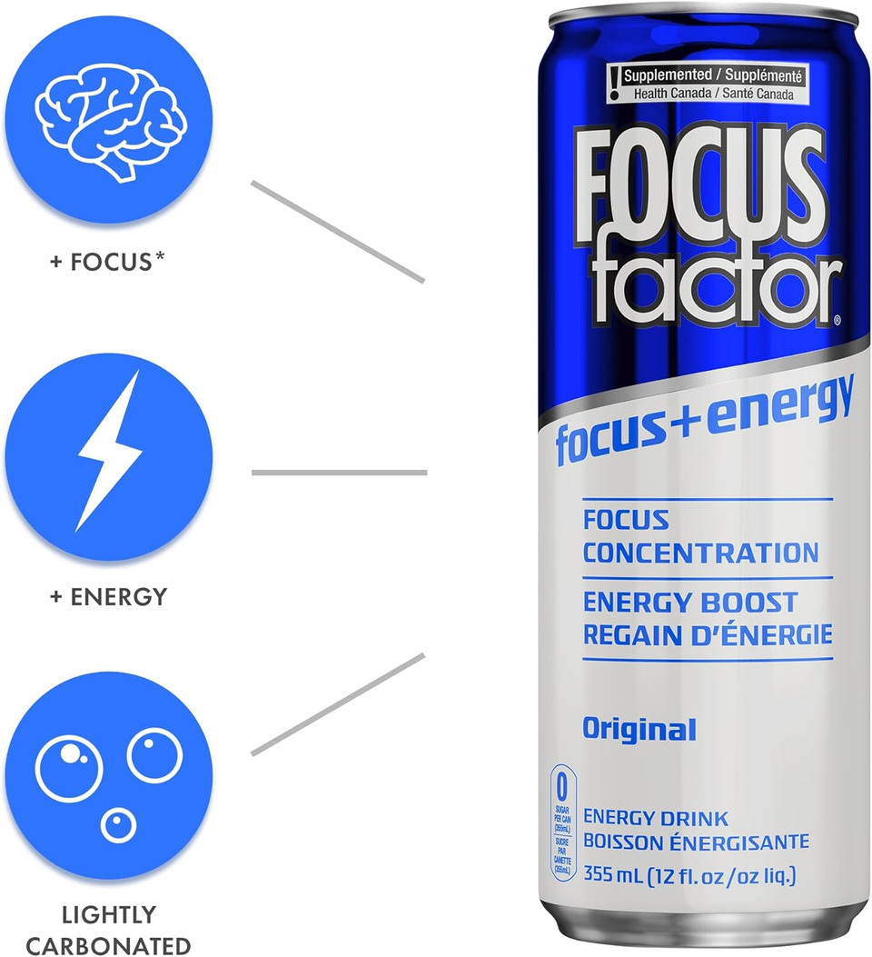 Focus Factor Energy Drink - 12 X 355Ml Cans (Original Flavour) - With Focus + Energy - Lightly Carbonated, Sugar Free, Low Calorie With Vitamin B6 & Vitamin B12