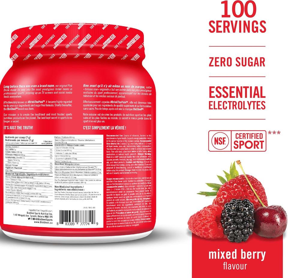 Biosteel Zero Sugar Hydration Mix, Great Tasting Hydration With 5 Essential Electrolytes, Mixed Berry, 100 Servings Per Tub