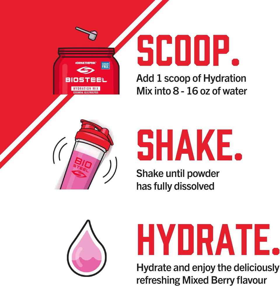 Biosteel Zero Sugar Hydration Mix, Great Tasting Hydration With 5 Essential Electrolytes, Mixed Berry, 100 Servings Per Tub