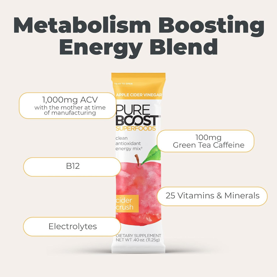 Pureboost Superfoods Clean Energy Booster With Apple Cider Vinegar. Refreshing Energy Drink Mix With 1,000 Mg Of Acv With The Mother. Sugar-Free, No Sucralose (Cider Crush, 30 Count)