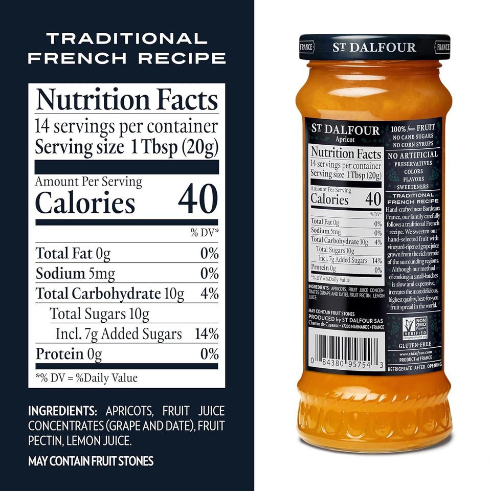 St. Dalfour Apricot Fruit Spread - 10Oz - 100% From Fruit, No Artificial Ingredients, Non-Gmo, No Cane Sugars, All Natural, Made In France