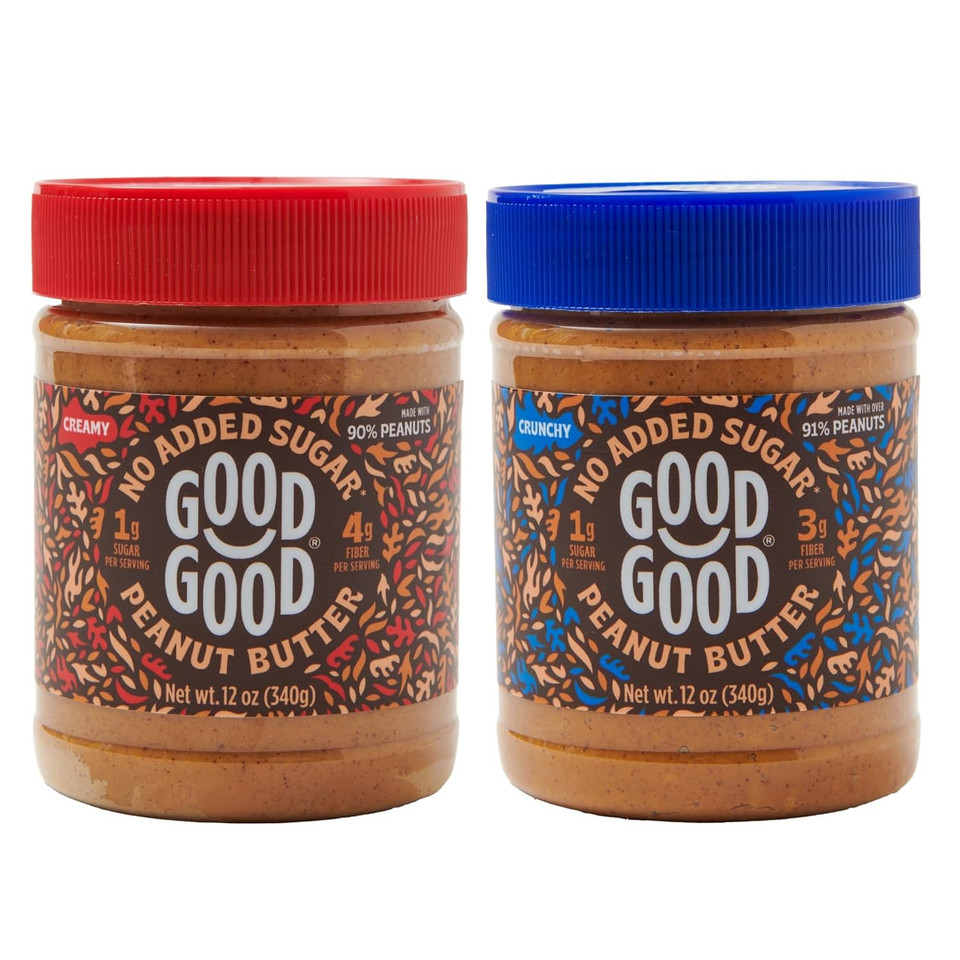 Good Good Crunchy & Creamy Peanut Butter - Keto Friendly - Low Carb & No Added Sugars - Vegan - Gluten Free - Non-Gmo - 340G Jars