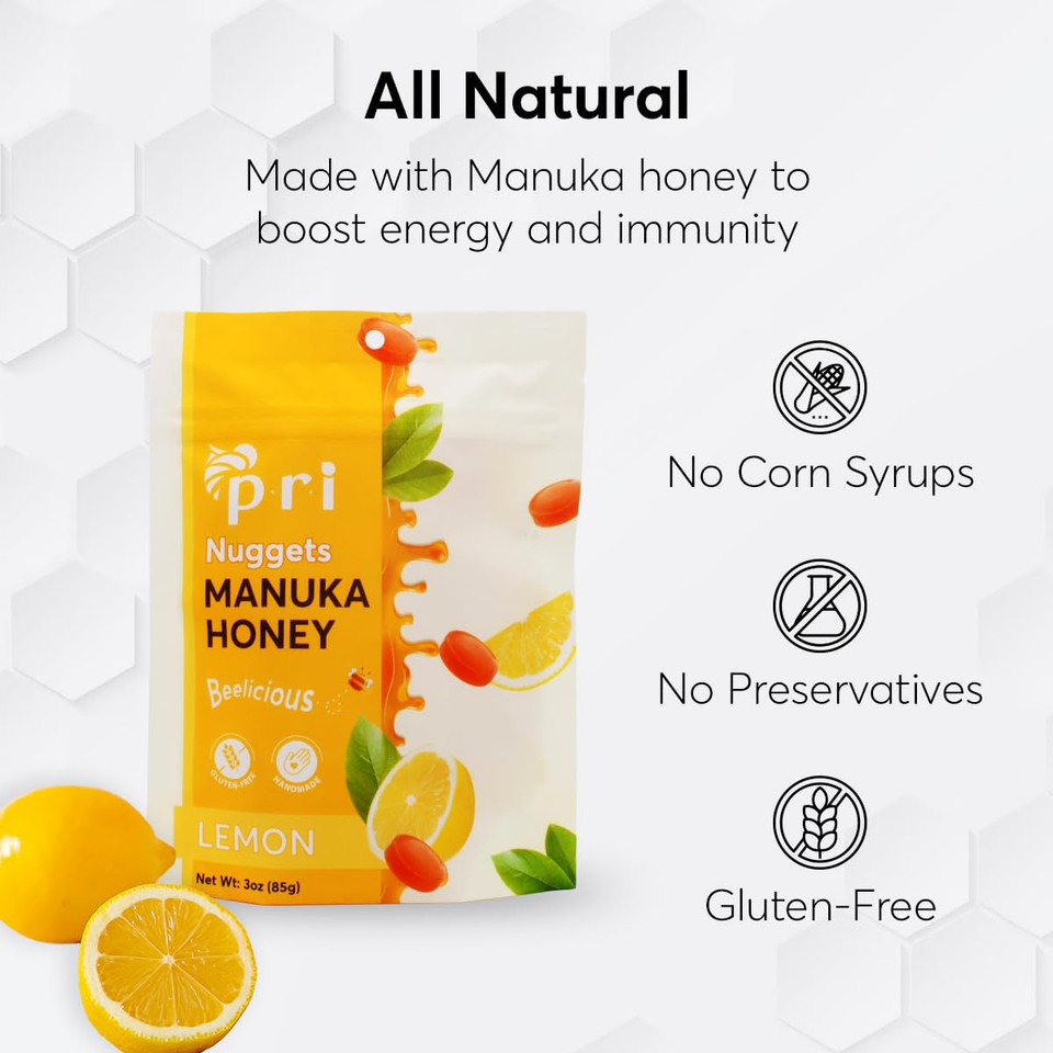 P.R.I Manuka Honey & Lemon Nuggets, Sweet And All Natural Hard Candy Treat, 3Oz