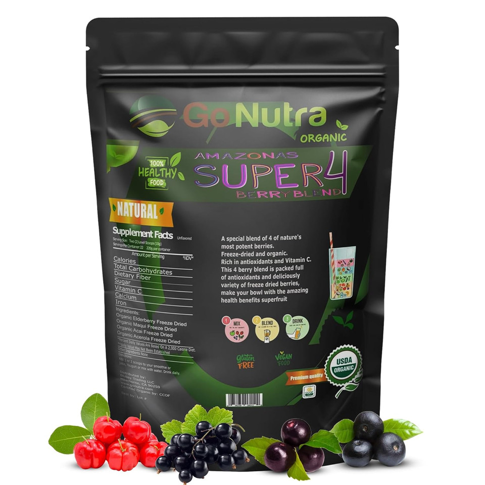 Go Nutra Organic Freeze Dried Acai Berry Blend For Bowls | Superfood Smoothie Mix With 4 Immune Boosting Berries | Acai Maqui Elderberry Acerola | Antioxidant Freeze Dried Berries 30 Servings 1Lb