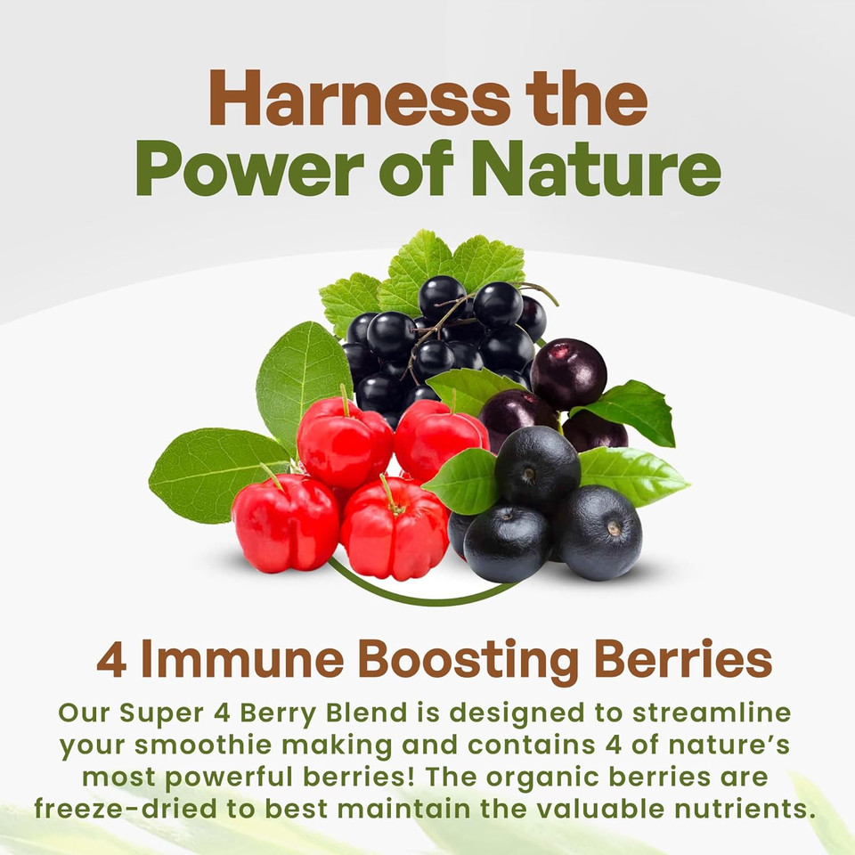 Go Nutra Organic Freeze Dried Acai Berry Blend For Bowls | Superfood Smoothie Mix With 4 Immune Boosting Berries | Acai Maqui Elderberry Acerola | Antioxidant Freeze Dried Berries 30 Servings 1Lb