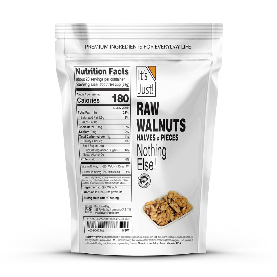 It'S Just - Raw Walnuts, Premium Quality, California Grown, Made In Usa, 20Oz (1.25Lb), Unsalted, Halves & Pieces