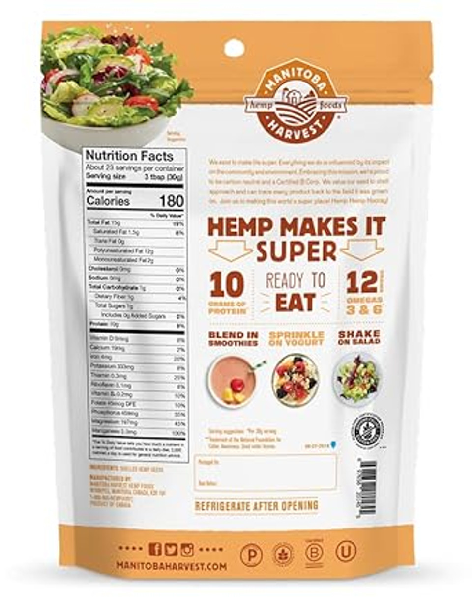 Manitoba Harvest Hemp Seeds, 24 Oz; 10G Plant Based Protein And 12G Omega 3 & 6 Per Serving, Perfect For Smoothies, Yogurt & Salad, Non-Gmo, Vegan, Keto, Paleo, Gluten Free