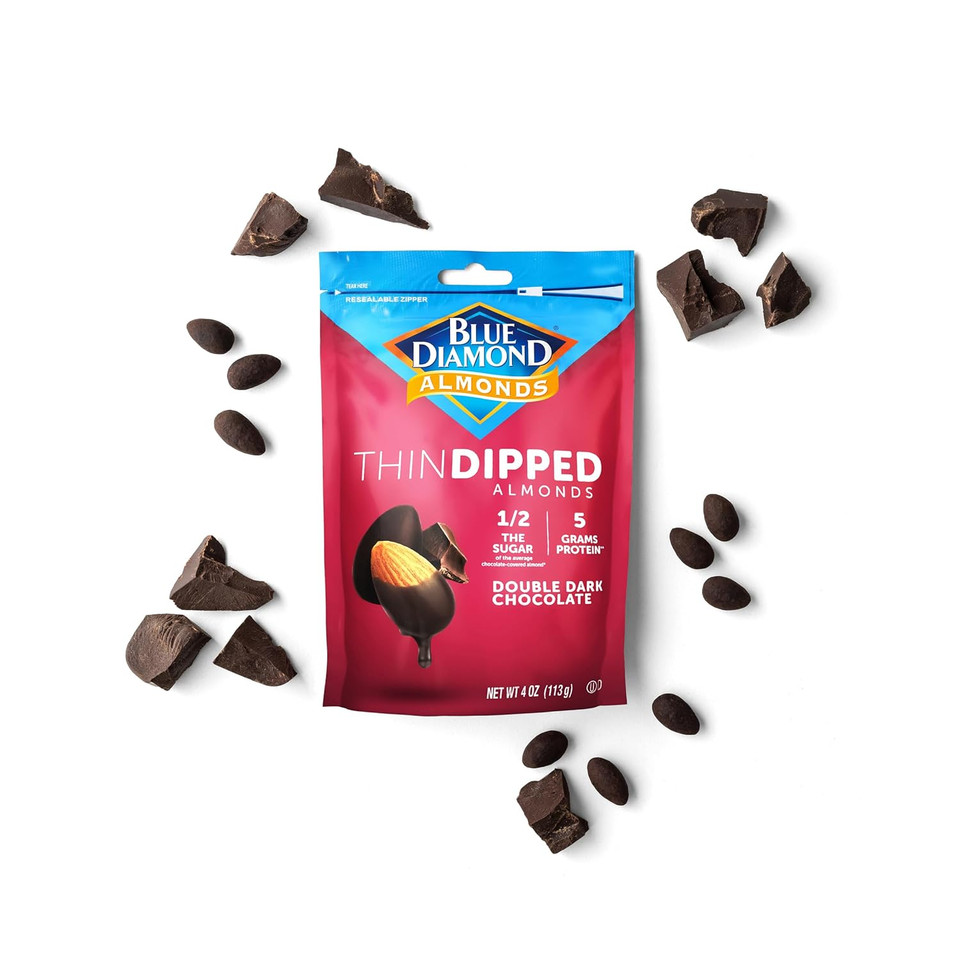 Blue Diamond Almonds, Dark Chocolate Sea Salt Caramel Covered Thin Dipped Snack Nuts For Guilt-Free Snacking With Half The Sugar, Perfect For Gathering, Holidays, Or Craving A Sweet Treat, 4Oz. Resealable Bag