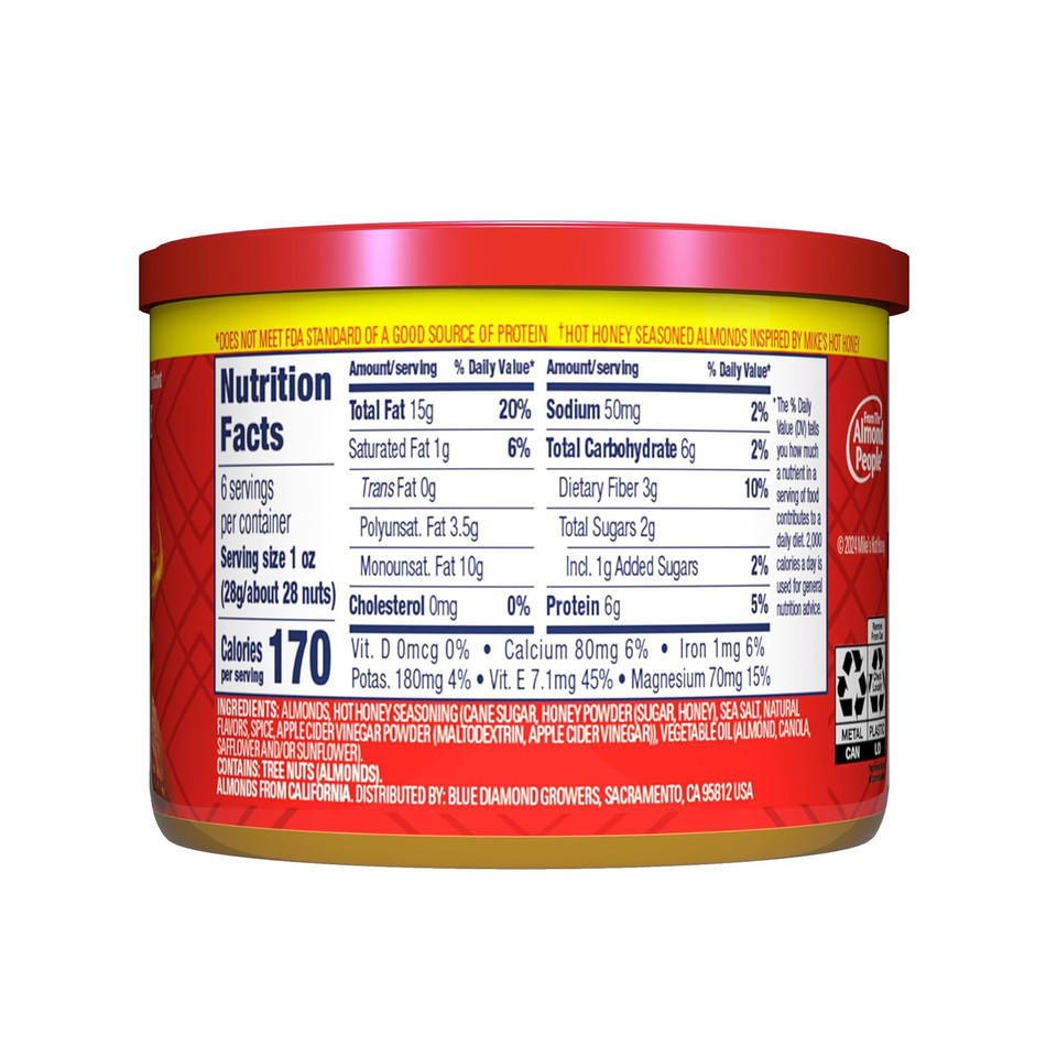 Blue Diamond Almonds, Made With MikeS Hot Honey Infused With Chilies For A Perfect Sweet And Spicy Snack Nut Combination, 6Oz. Can