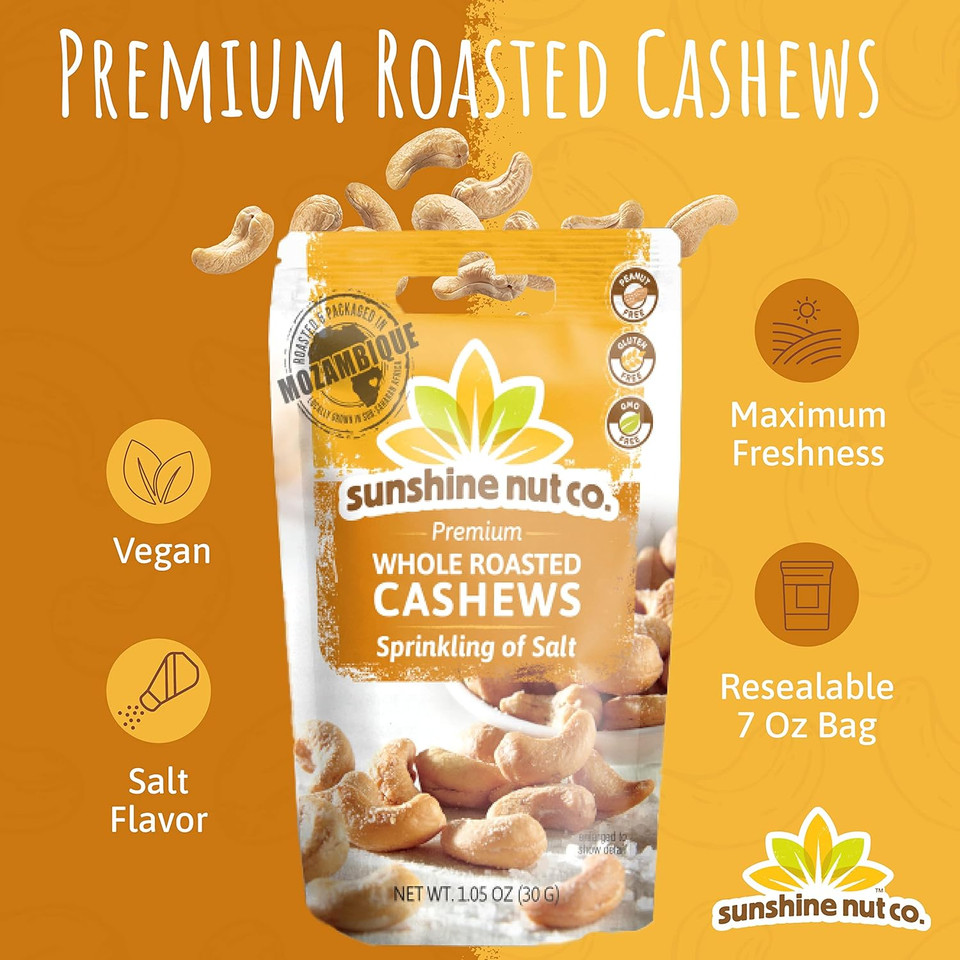 Sunshine Nut Company Whole Roasted Lightly Salted Cashews, Sprinkling Of Salt Flavor, 4 Pack, 7 Oz. Each, Gluten Free, Peanut Free And Vegan Individual Snack Packs For Kids And Adults, Gmo Free