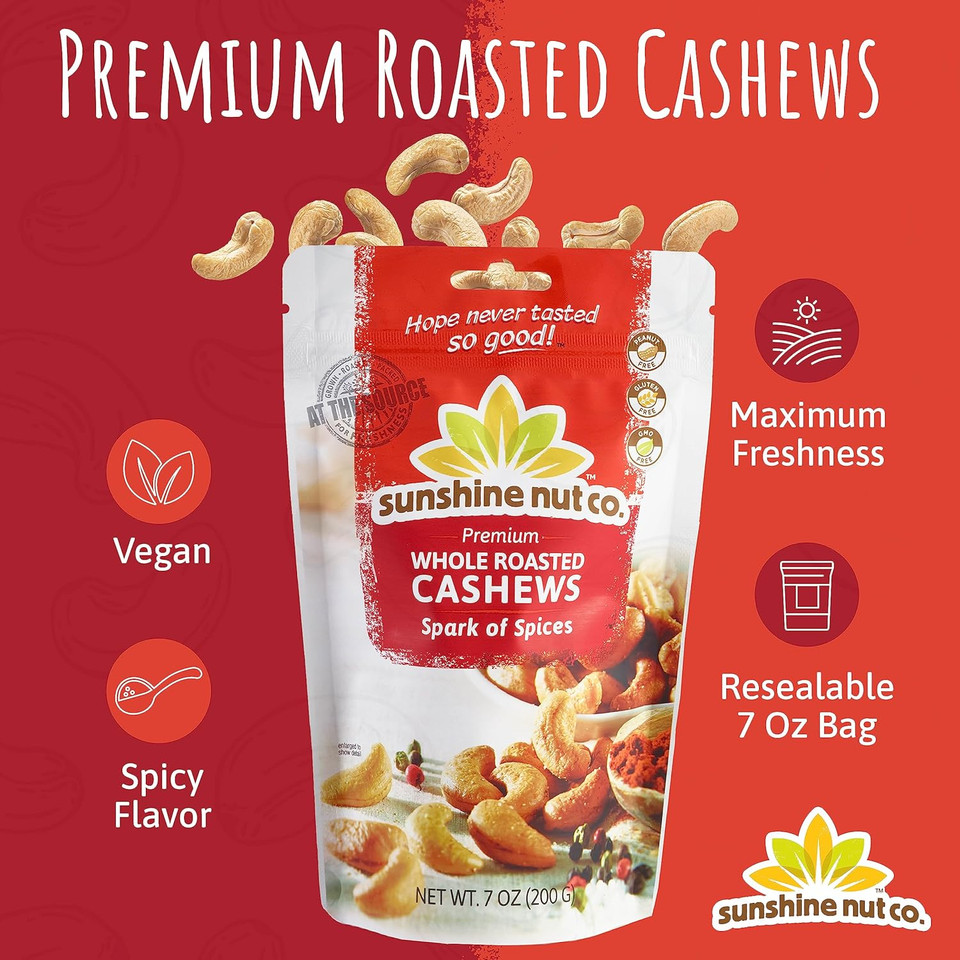 Sunshine Nut Company Whole Roasted Lightly Salted Cashews, Spark Of Spices Flavor, 6 Pack, 7 Oz. Each, Gluten Free, Peanut Free And Vegan Individual Snack Packs For Kids And Adults, Gmo Free