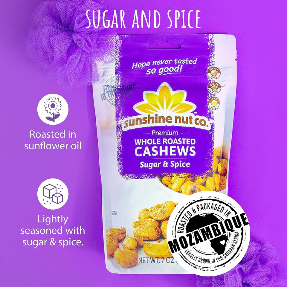 Sunshine Nut Company Whole Roasted Lightly Salted Cashews, Sugar And Spice Flavor, 6 Pack, 7 Oz. Each, Gluten Free, Peanut Free And Vegan Individual Snack Packs For Kids And Adults, Gmo Free