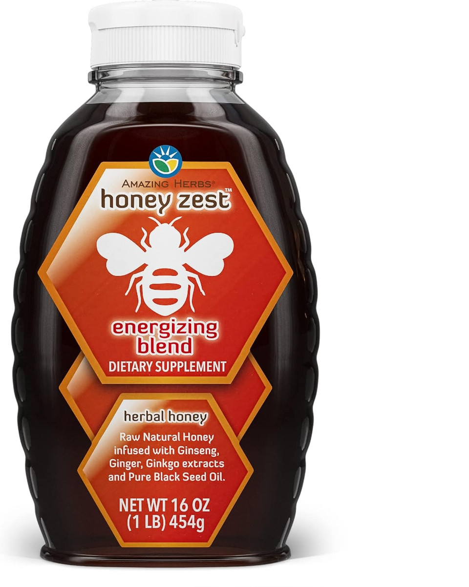 Amazing Herbs Raw Natural Honey - Herbal Honey Infused With Ginseng, Ginger, Ginkgo Extracts & Pure Black Seed Oil, Non Gmo, Gluten Free Immune Booster - Honeyzest Energizing Blend, 16 Fl Oz